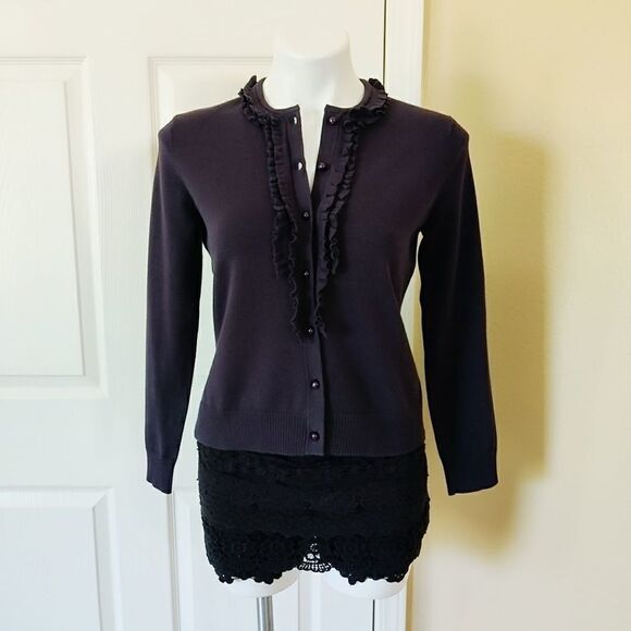 Land's End ruffle supima navy cardigan sz XSP - Picture 1 of 9